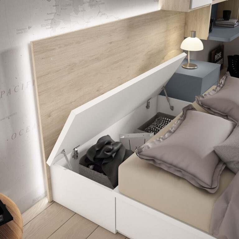 Dormitori juvenil amb llit de matrimoni amb emmagatzematge de Mobles Abitare